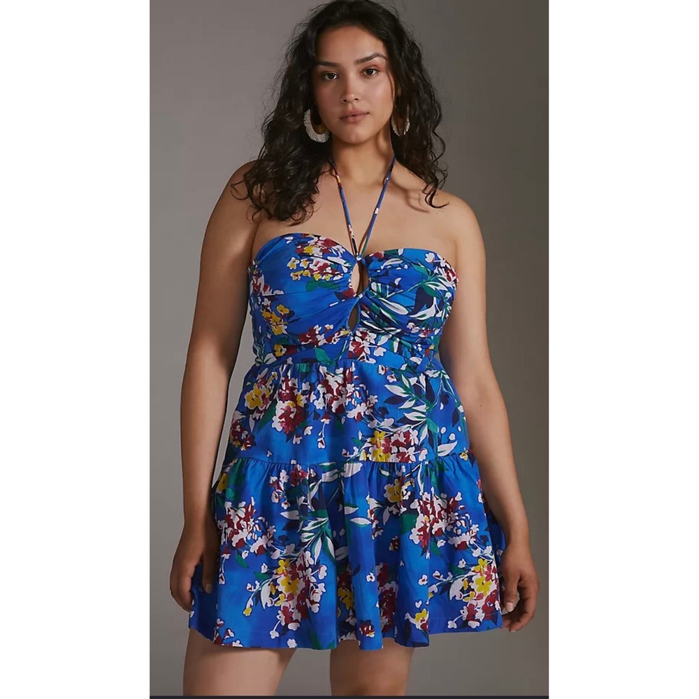 Anthropologie Mini Dress Women XL Blue NEW Floral Smocked Tiered Halter‎ Pockets